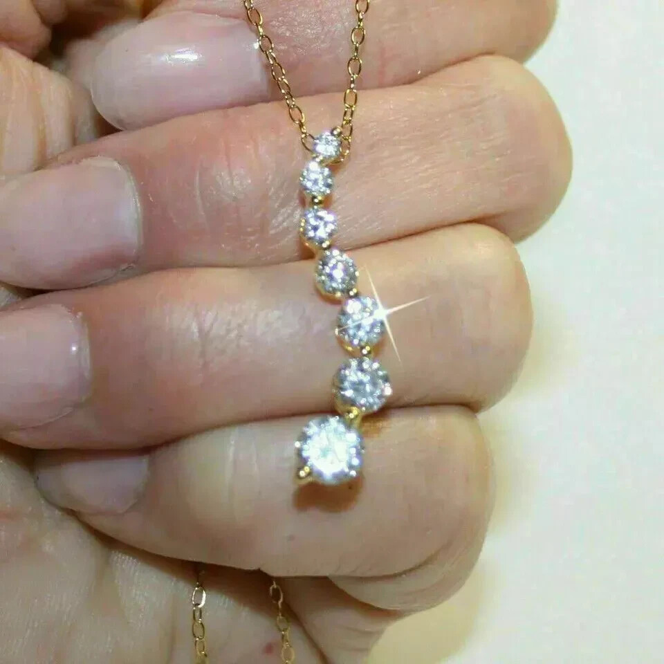 2Ct Round Cut VVS1/D Diamond Journey Pendant 14K Yellow Gold Finish Free Chain