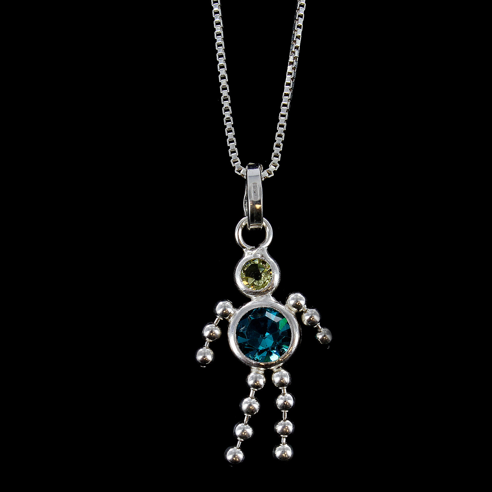 Crystal Gemstone People Charm on Sterling Silver Thin Box Style Chain Necklace