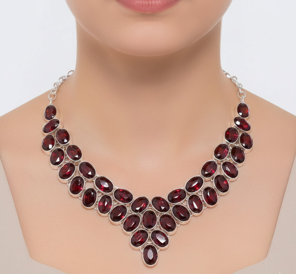 Red Garnet Gemstone Handmade 925 Sterling Silver Jewelry Necklace Size-18