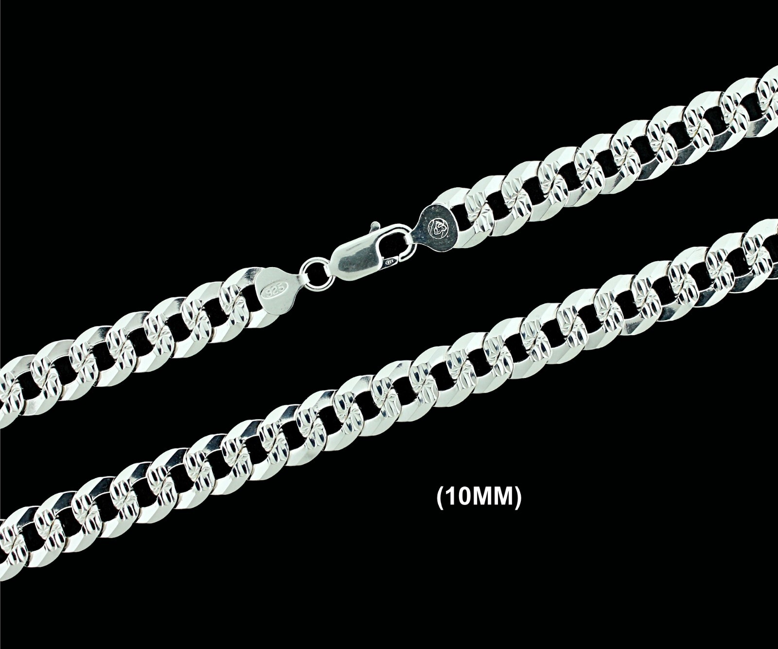 10MM Real SOLID 925 Sterling Silver DIAMOND CUT CURB LINK Chain Necklace ITALY
