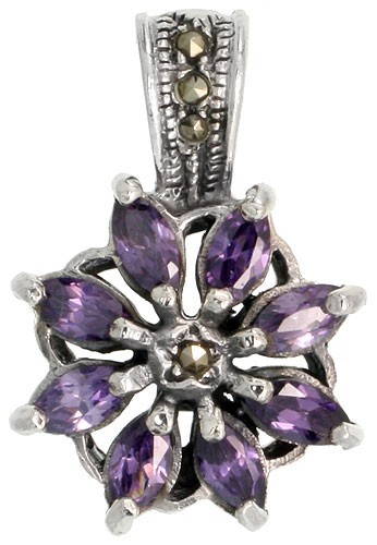 925 Sterling Silver Marcasite Amethyst CZ Flower Pendant 1 1/32 (26mm) Inch Tall