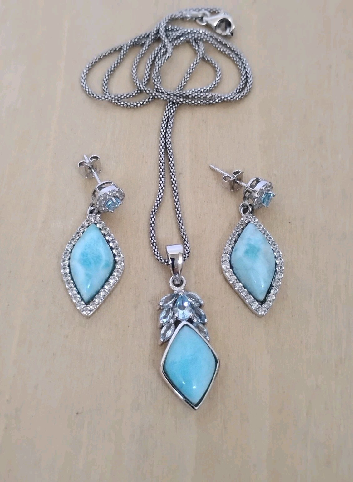 CFJ Thailand Larimar Blue Topaz Pendant Necklace Rhodium Plated Sterling Silver