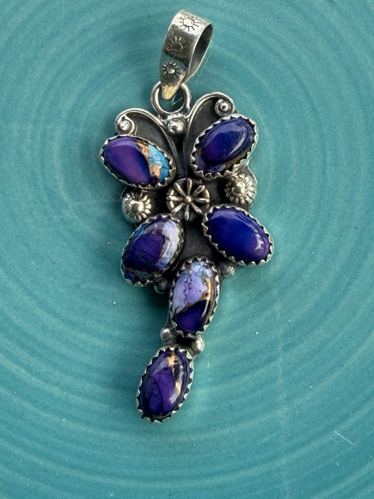 925 Sterling Silver Purple Dahlia Turquoise Cluster dragonfly Pendant
