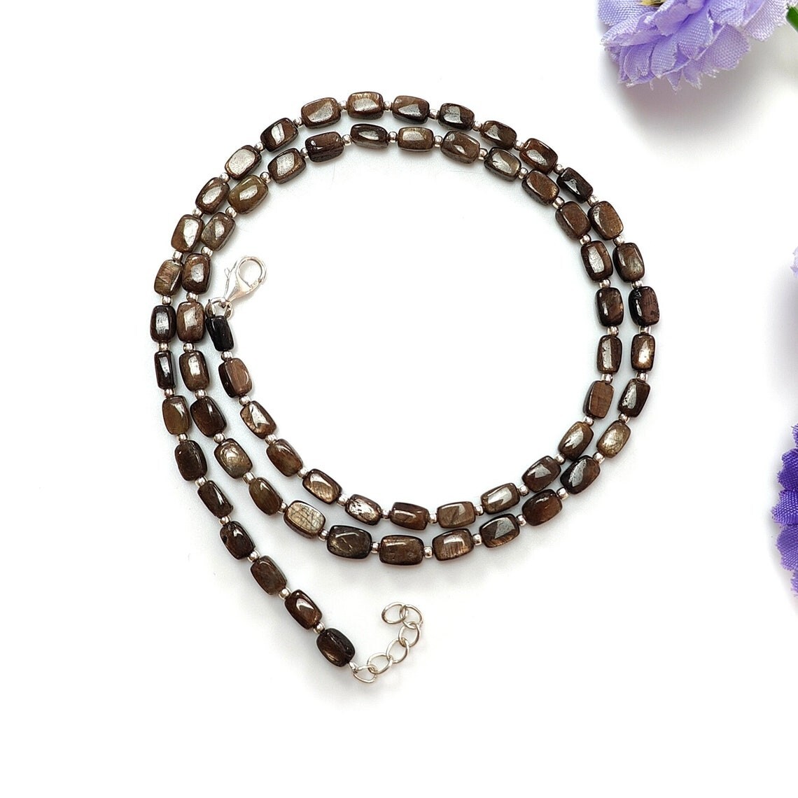 14.26gms Brown Sapphire Beads Necklace Gemstone 925 Sterling Silver 5*3mm – 6*4m
