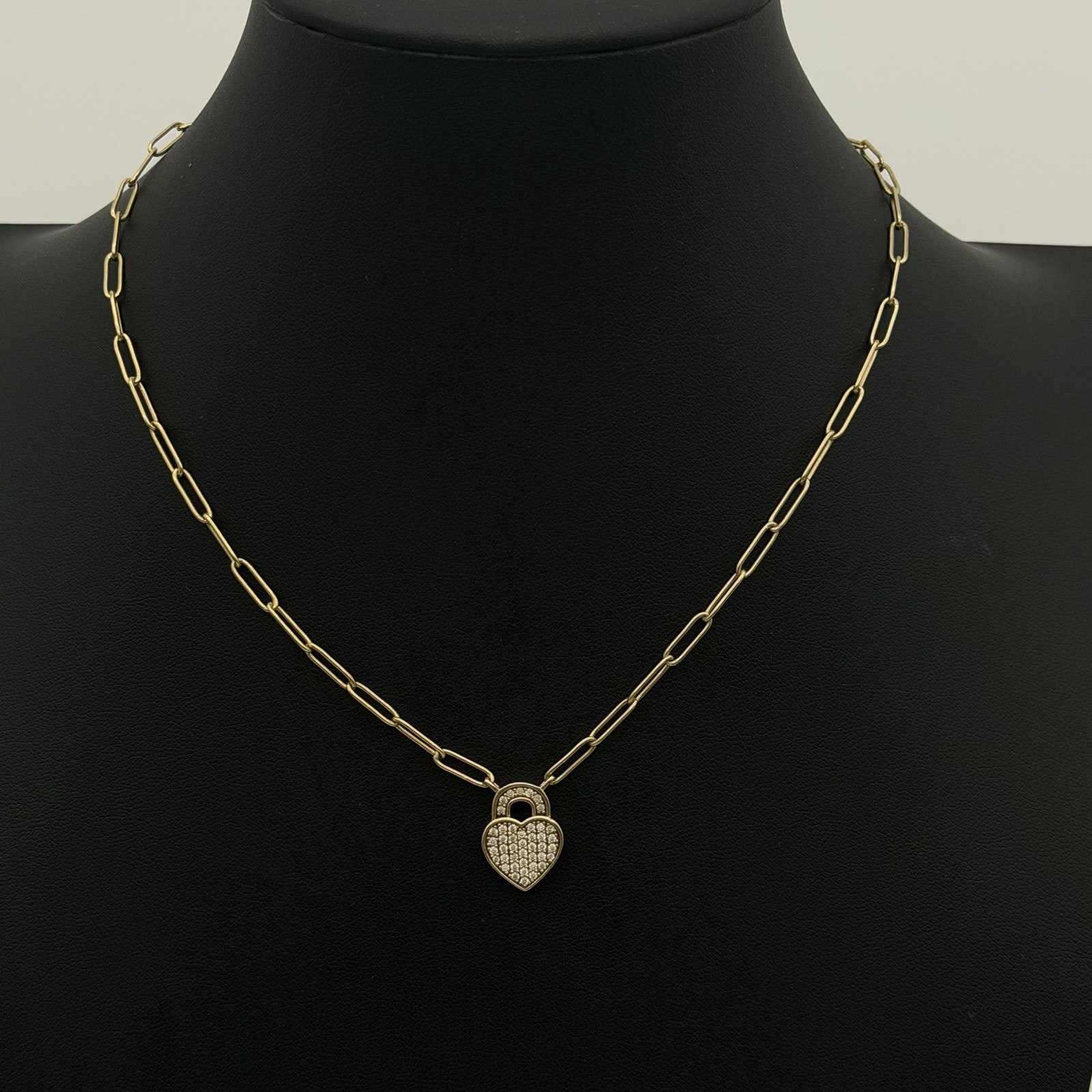 Vtg Sterling Over Gold Pave Diamond Heart Necklace Paper Clip Chain