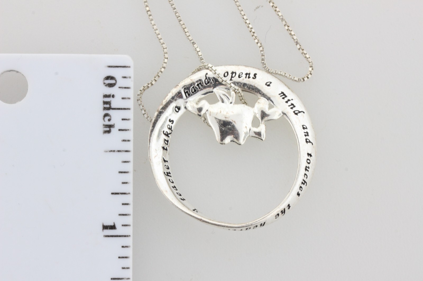 Sterling Silver 925 Teacher Appreciation Quote Slogan Charm Pendant Necklace 18″
