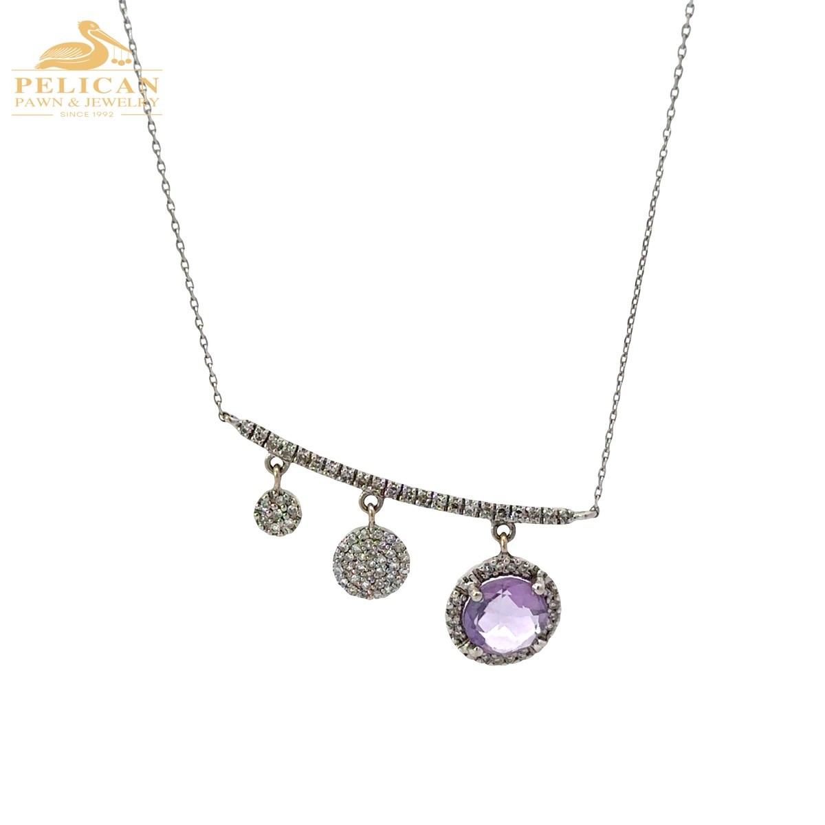 14KT White Gold Diamond Amethyst Curved Bar Dangle Drop Halo Necklac (PBR120194)