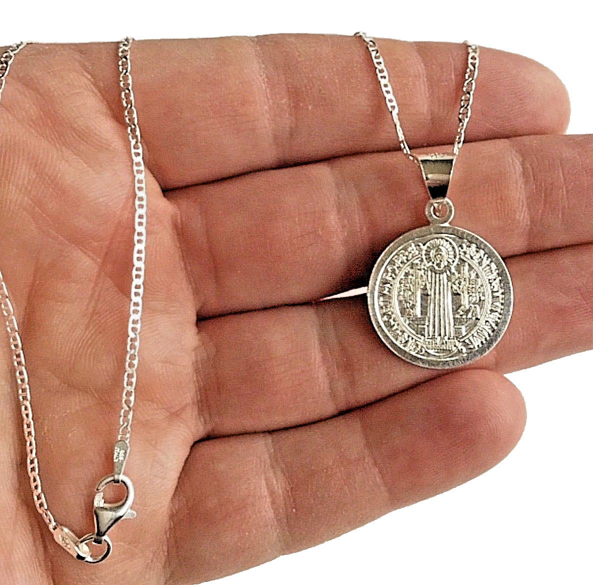 Solid 925 Sterling Silver 20mm Saint Benedict San Benito Pendant Necklace 22″ #2
