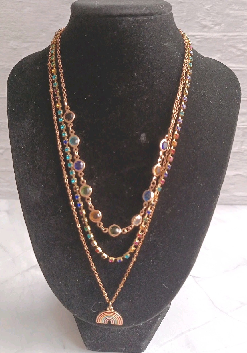 3 Strand Gold Tone Chain Necklace Rainbow Pendant Multi Colour Stones 18-21″ VGC