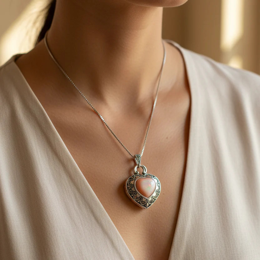 Locket Heart Marcasite Necklace in Sterling silver