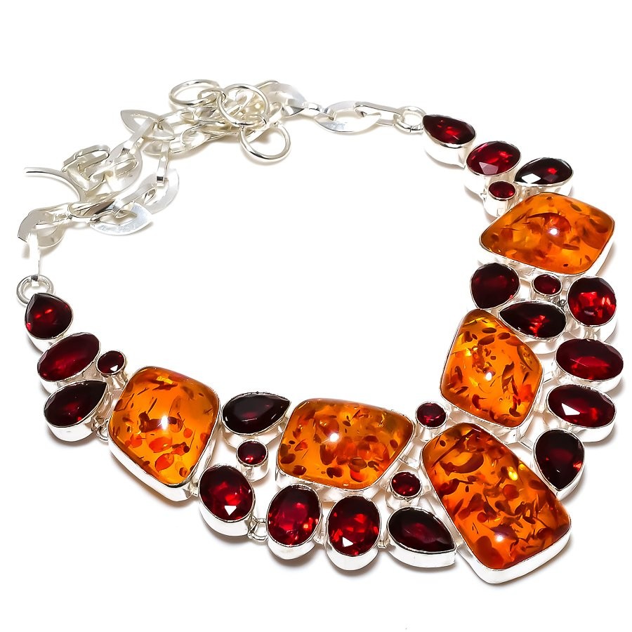 Baltic Amber, Garnet Gemstone 925 Sterling Silver Necklace 18″ r328