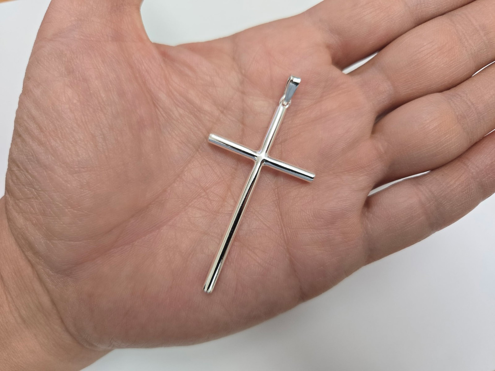 925 Sterling Silver Large Plain Tubular Cross Pendant 2 1/4 Inch Tall (56mm)