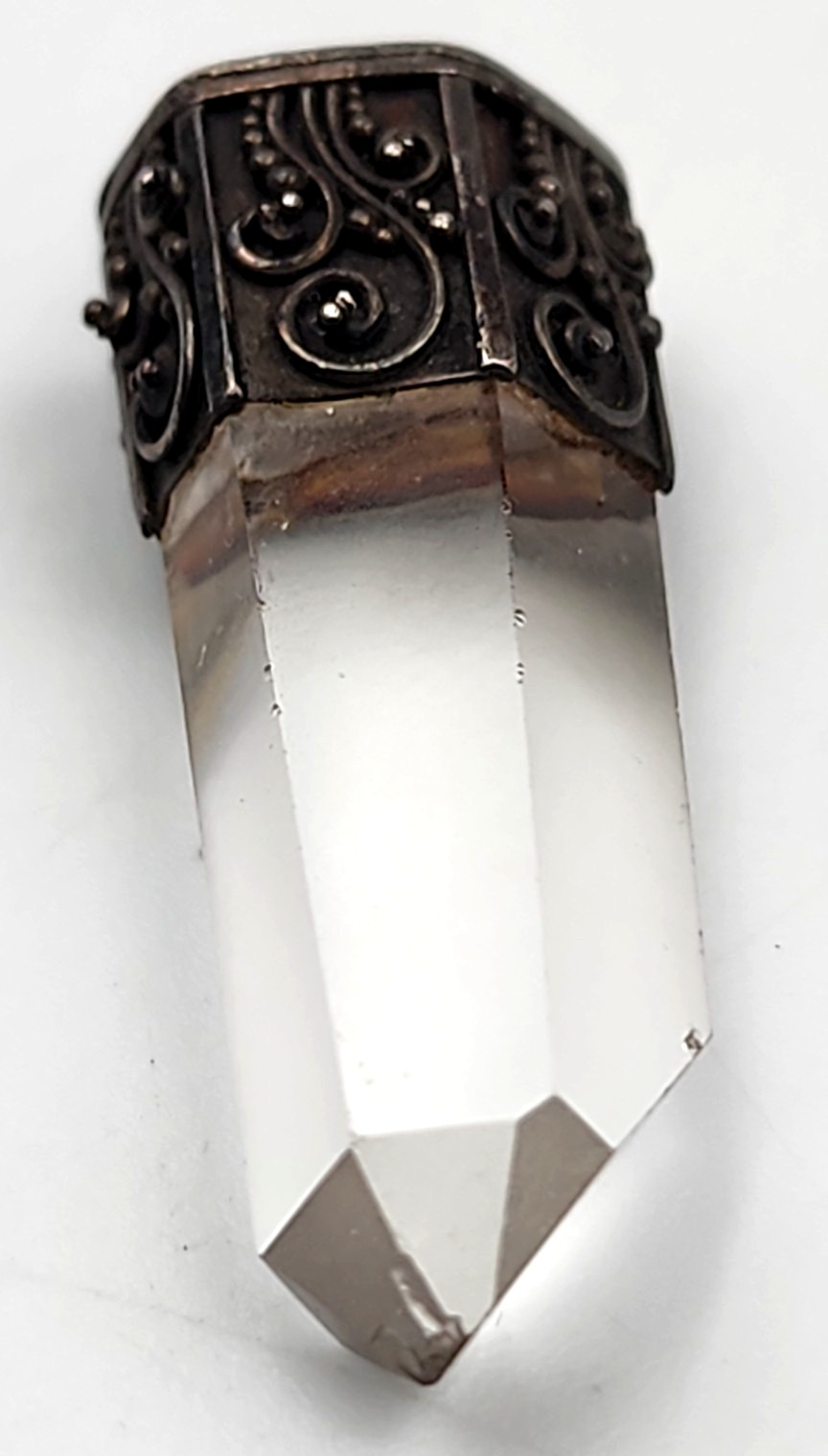 Quartz Point Crystal Pendant Sterling Silver Filigree Cap 1.5 In