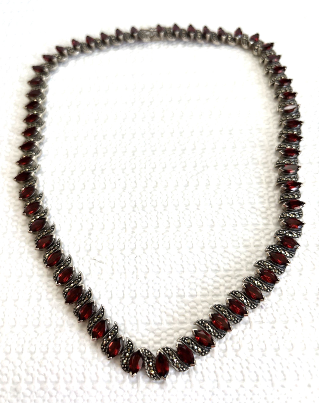 Vintage sterling silver garnet and Marcasites necklace 56 Marquise Cut Garnets