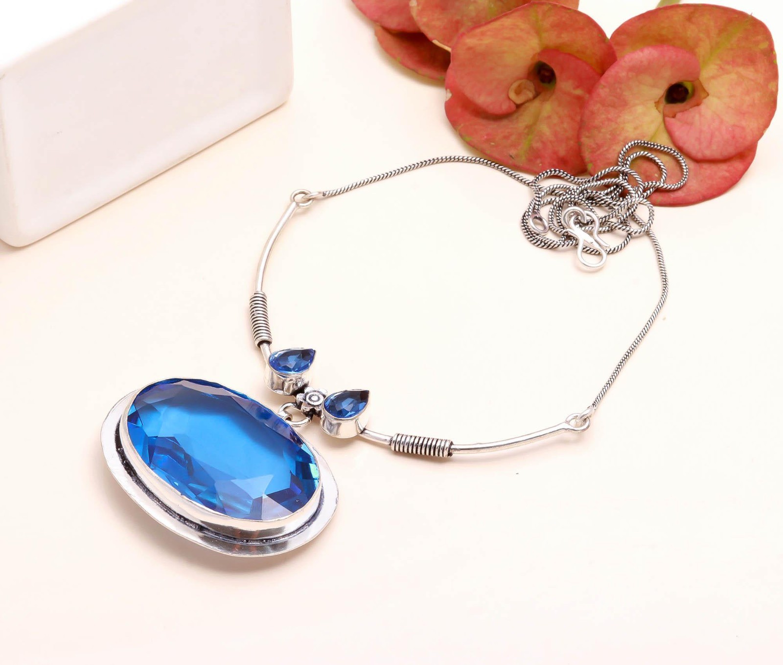 Swiss Blue Topaz Gemstone Necklace 925 Sterling Silver Pendant Boho Gift 18″
