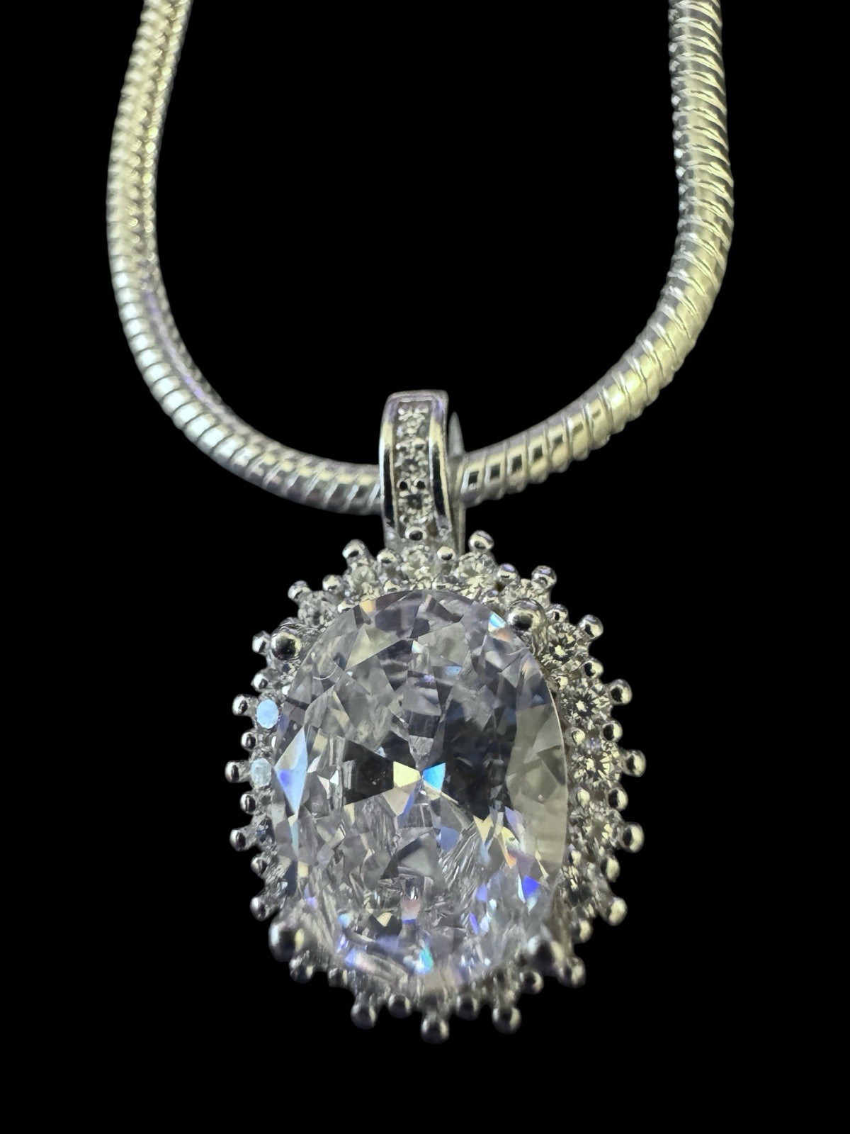 DM 925 Sterling Silver Clear Crystal Gem Pendant Necklace 16″ Snake Chain S1
