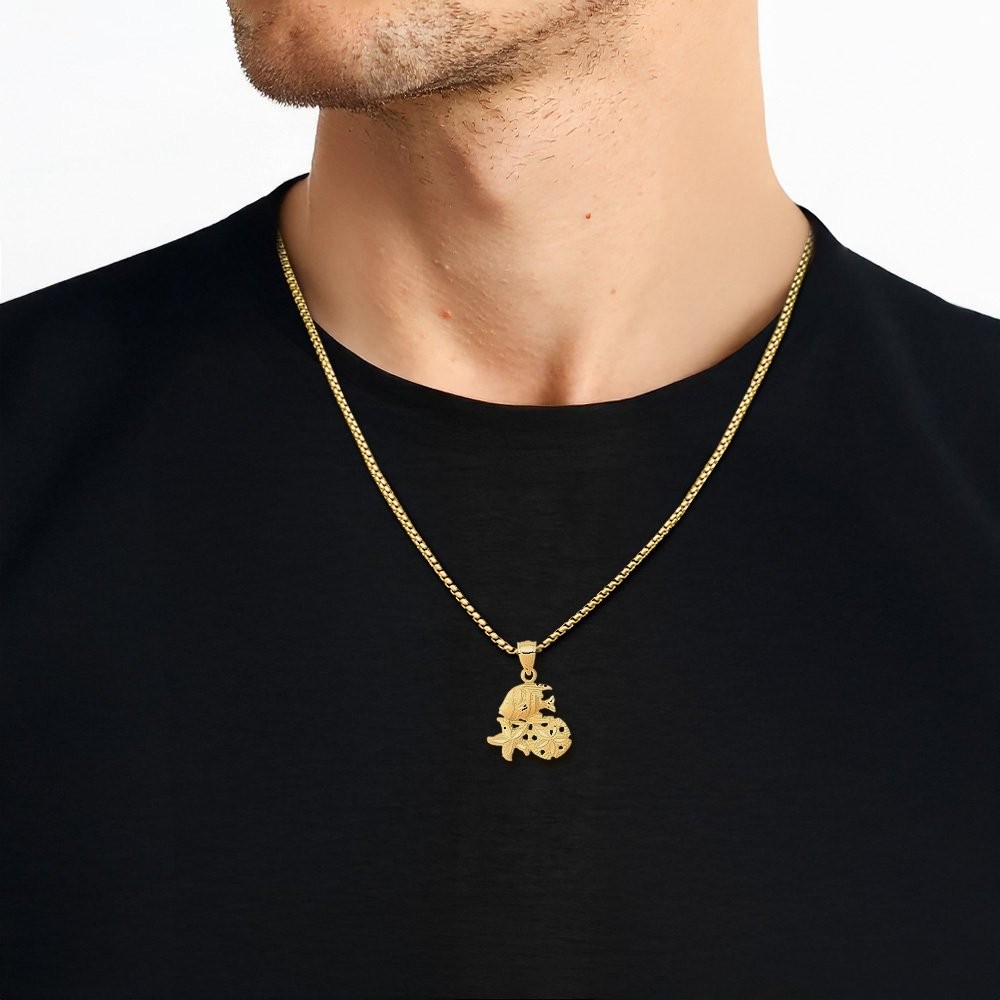 14K Solid Yellow Gold Medium Sea Life Pendant Necklace 23.5mm 0.9 inch Diamond