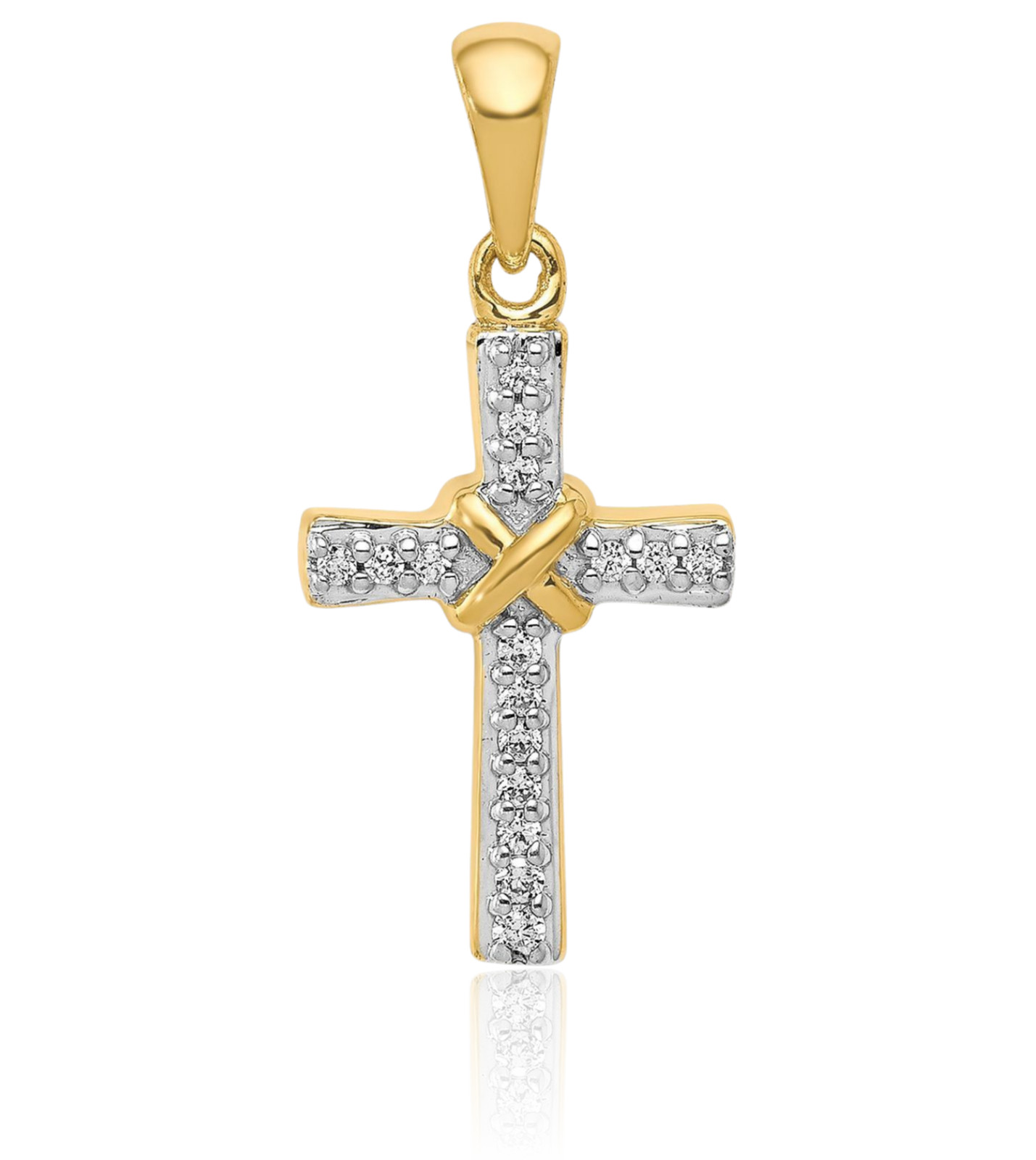 10K Solid Yellow Gold 0.09 ct Diamond Medium Cross Pendant Necklace 23.5mm