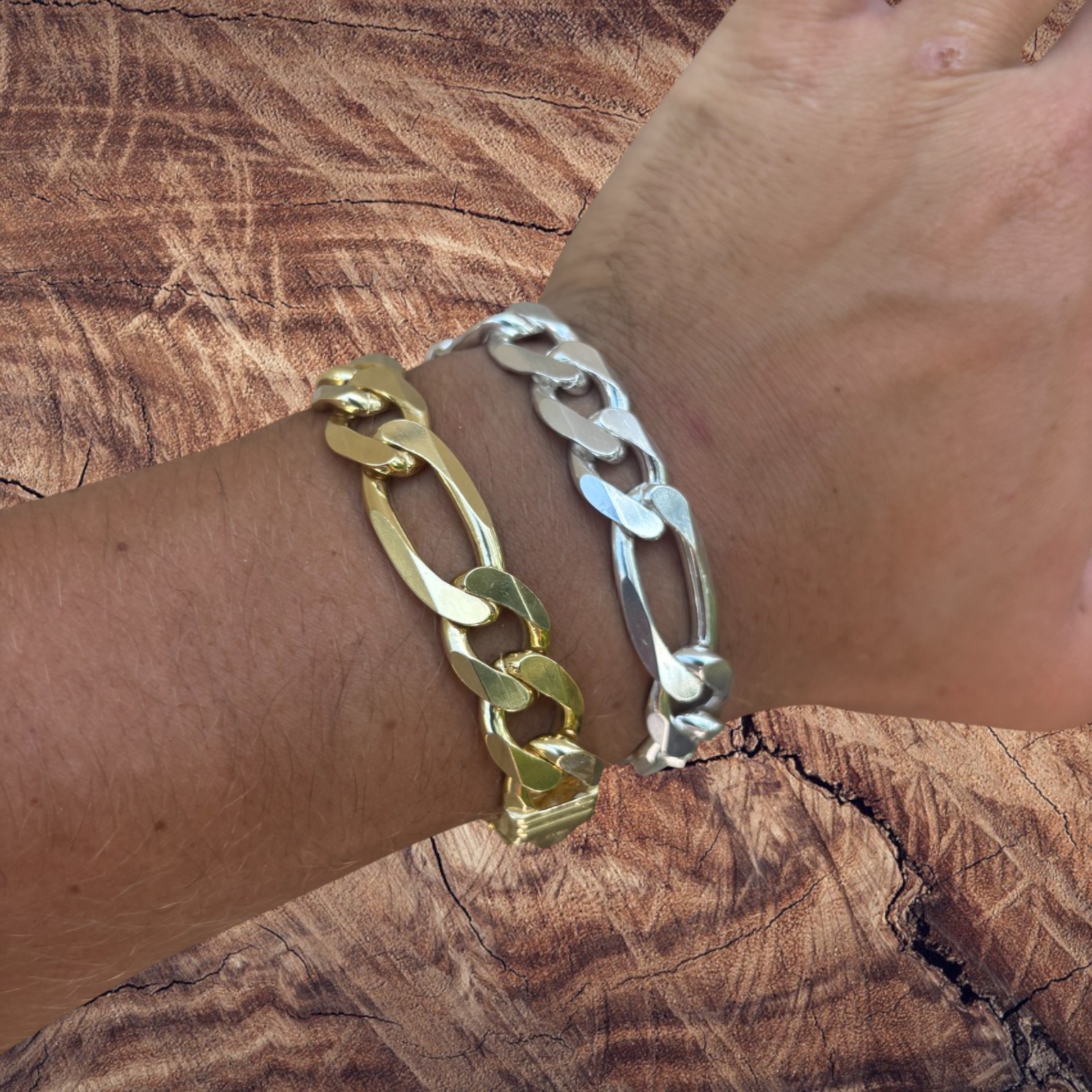 13mm Figaro Bracelet – 925 Sterling Silver or 14k Gold Vermeil Made in Italy