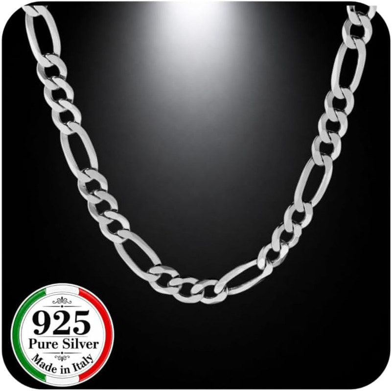 Figaro Sterling Silver Chain for Men – 7Mm Solid Italian Necklace, Diamond-Cut,