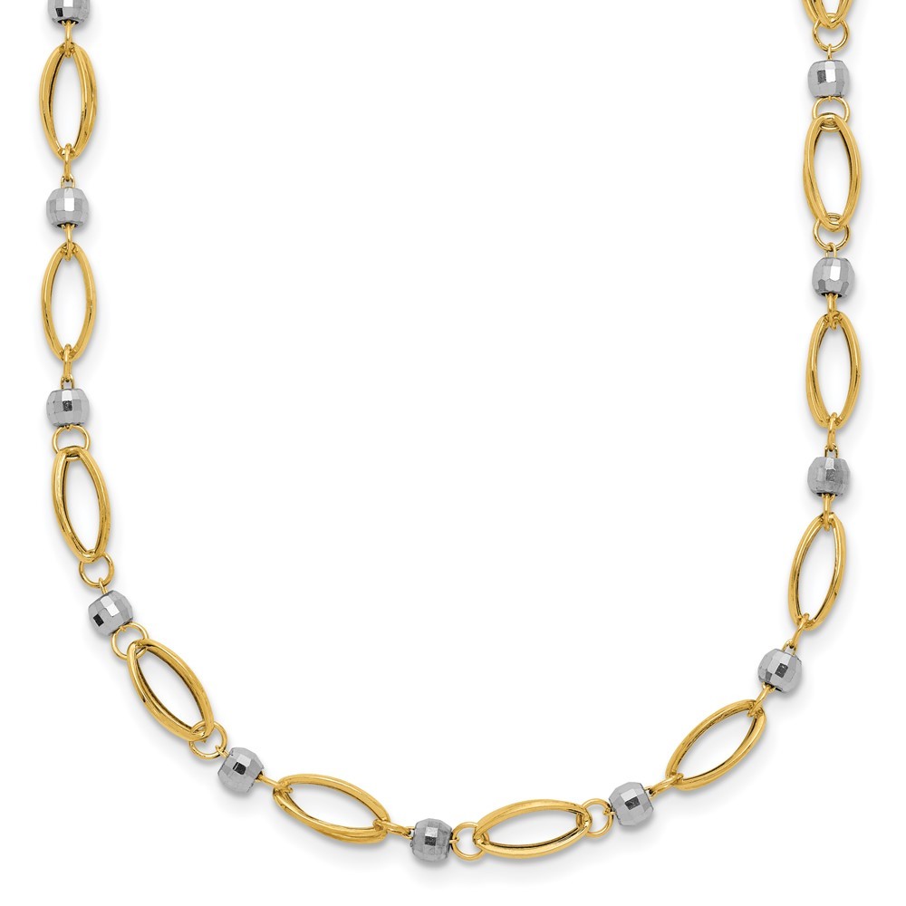 14K Two-Tone Fancy Oval Link and Mirror Bead Necklace 18″