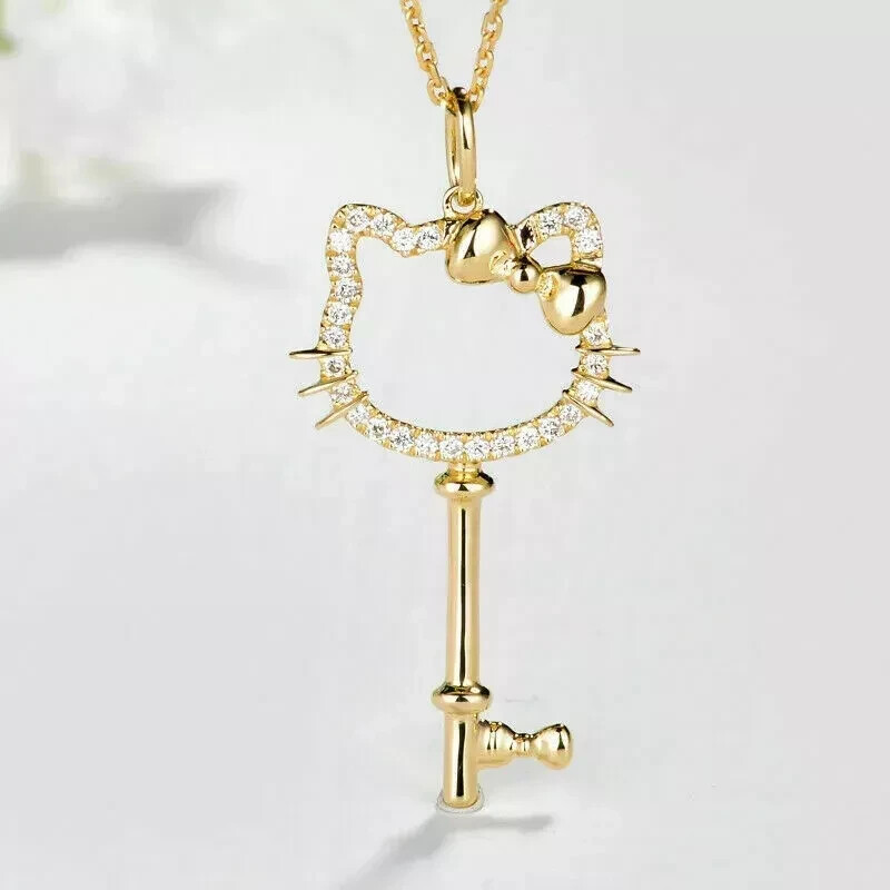 0.65Ct Diamond Kitty Key Pendant Necklace With 18″ Chain 14K Yellow Gold Finish