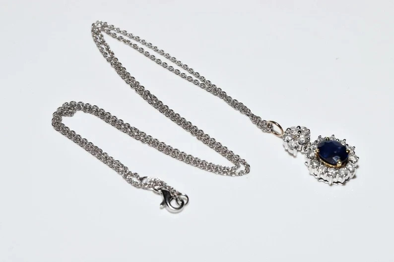 Vintage 2.10Ct Lab-Created 0val Sapphire &Diamond Pendant 14k White Gold Plated