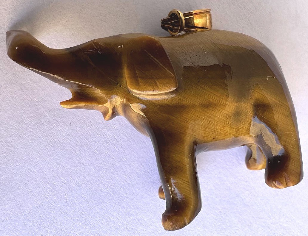 Beautiful 14K Gold and Natural Tiger Eye Stone Elephant Pendant