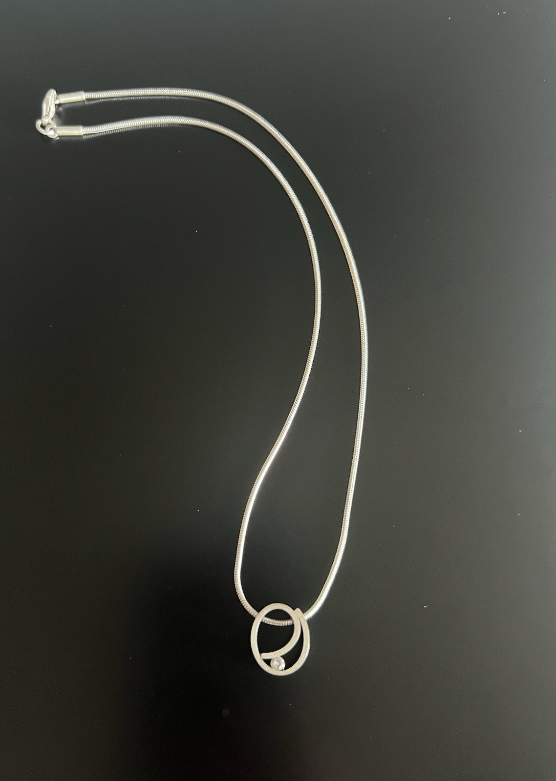 Modern Brushed Sterling Silver Pendant with CZ on 16″ Snake Chain