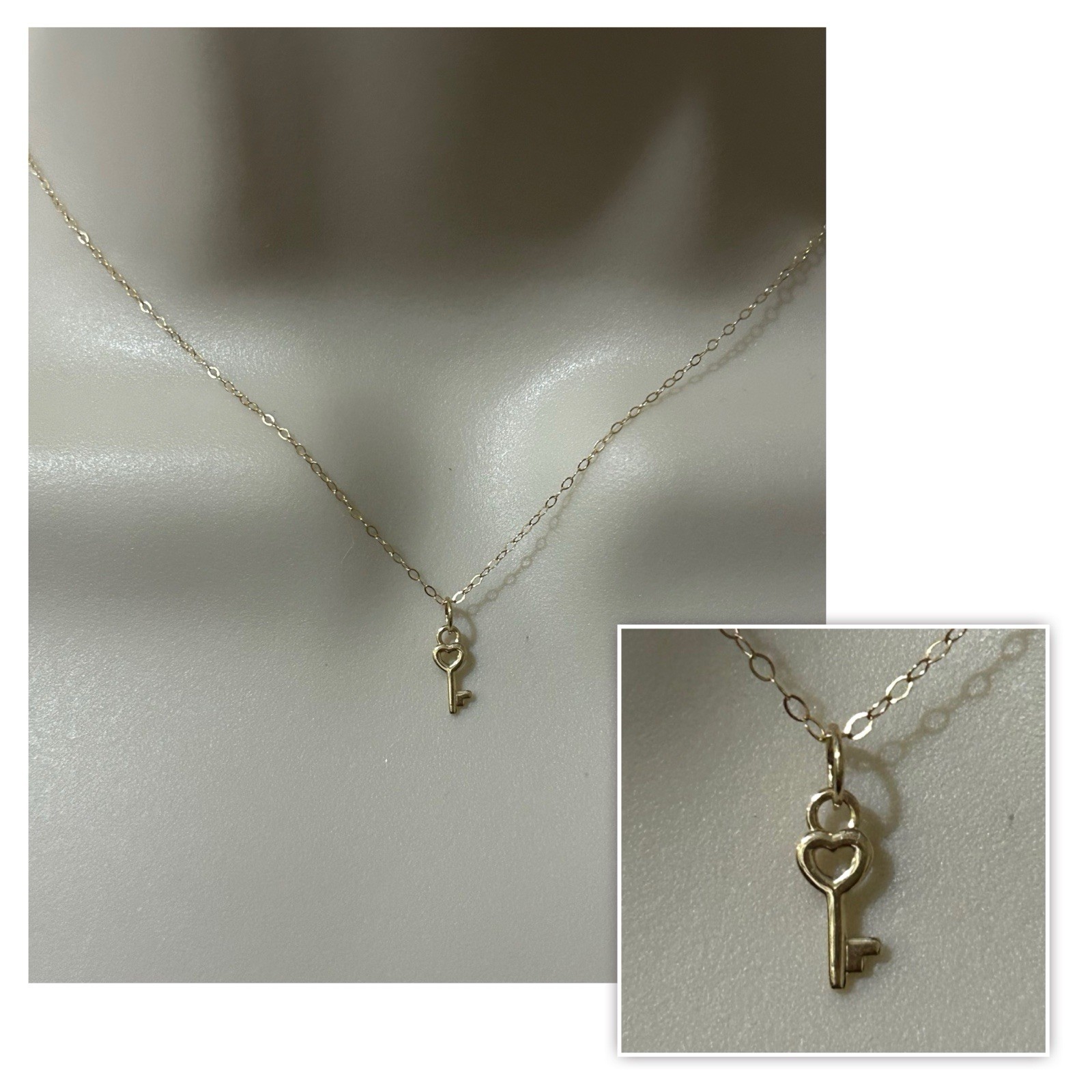 14K Solid Yellow Gold Heart Key Charm Pendant Dainty Cute for Chain Necklace