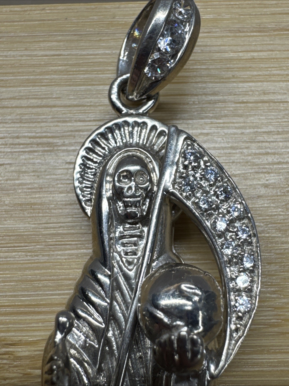 Sterling Silver Grim Reaper pendant Dije de la Santa Muerte Plata REAL 925 Cz
