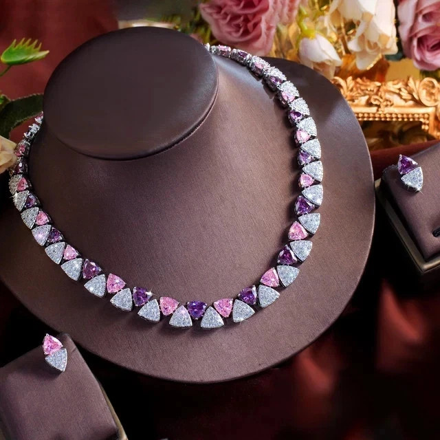 27 Ctw Trillion Cut Lab-Created Multicolor Necklace 14K White Gold Plated Silver