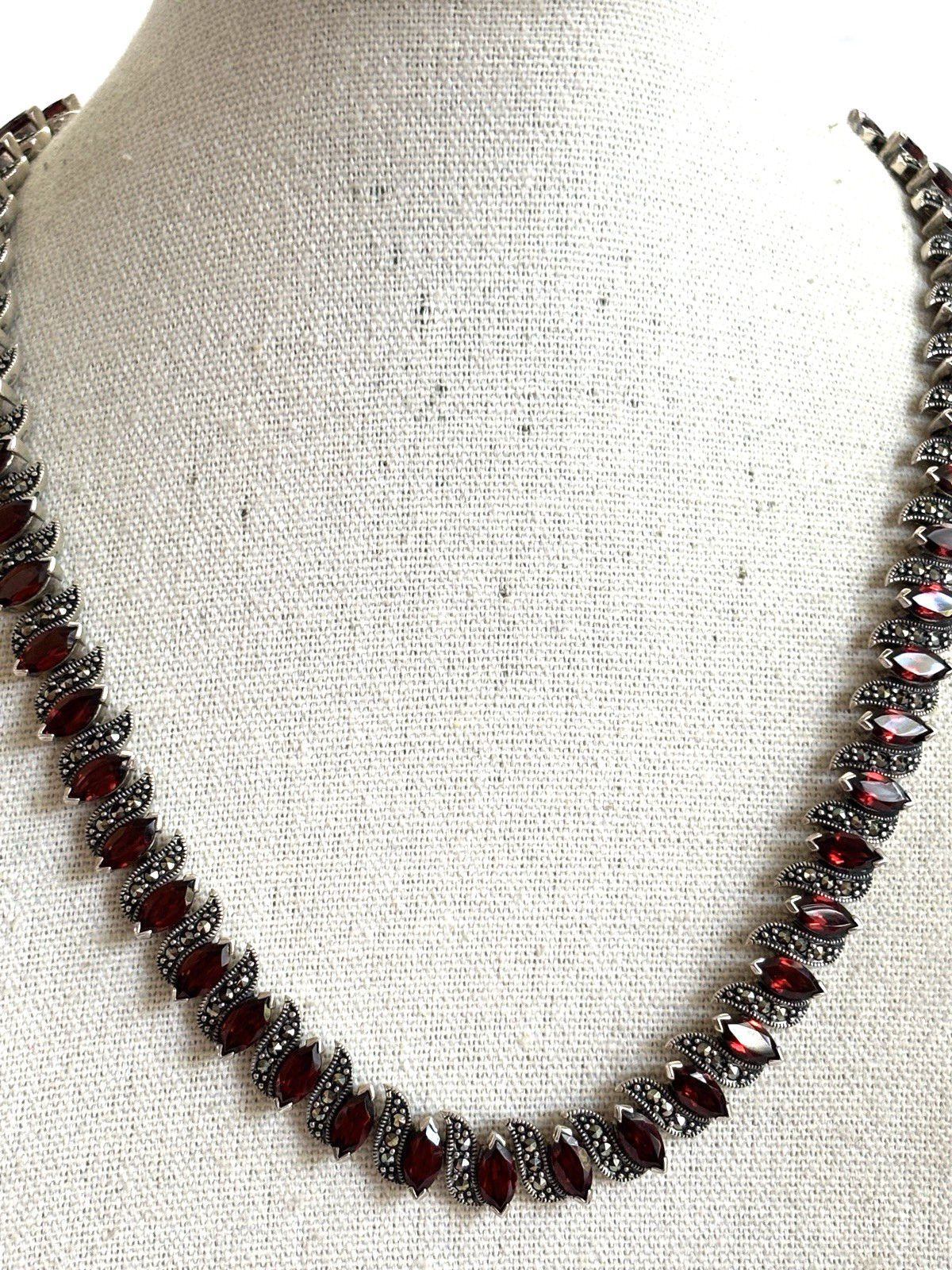 Vintage sterling silver garnet and Marcasites necklace 56 Marquise Cut Garnets