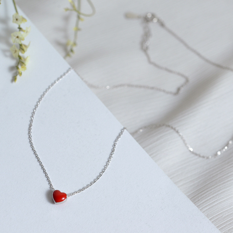 Woman Real S925 Sterling Silver Enamel Heart Cute Charm Pendant Necklace Chain