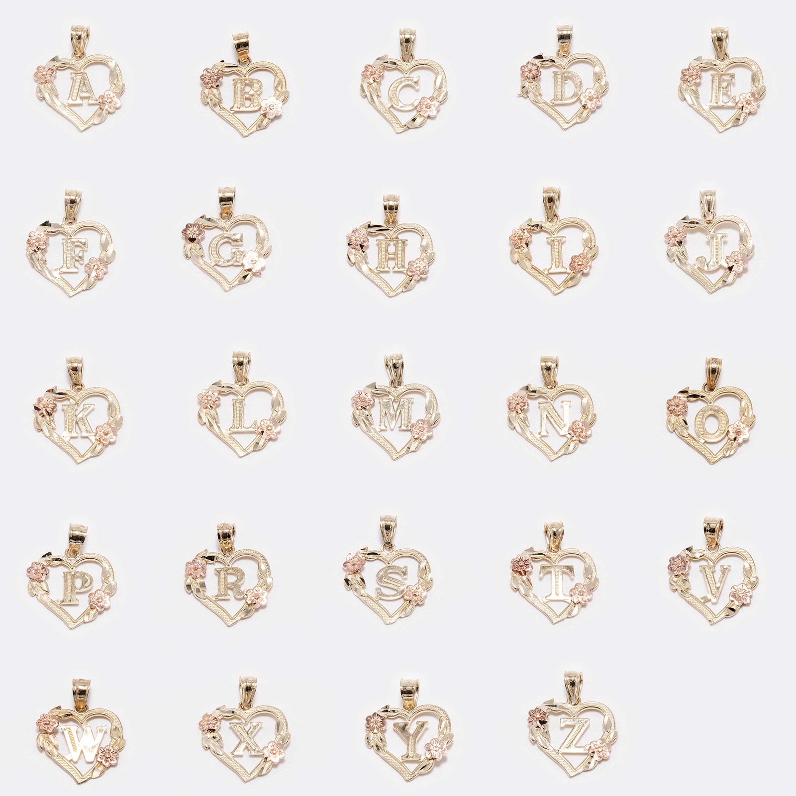 Cutout Heart Flower Initial Letter Pendant Necklace Real 10K Yellow Rose Gold