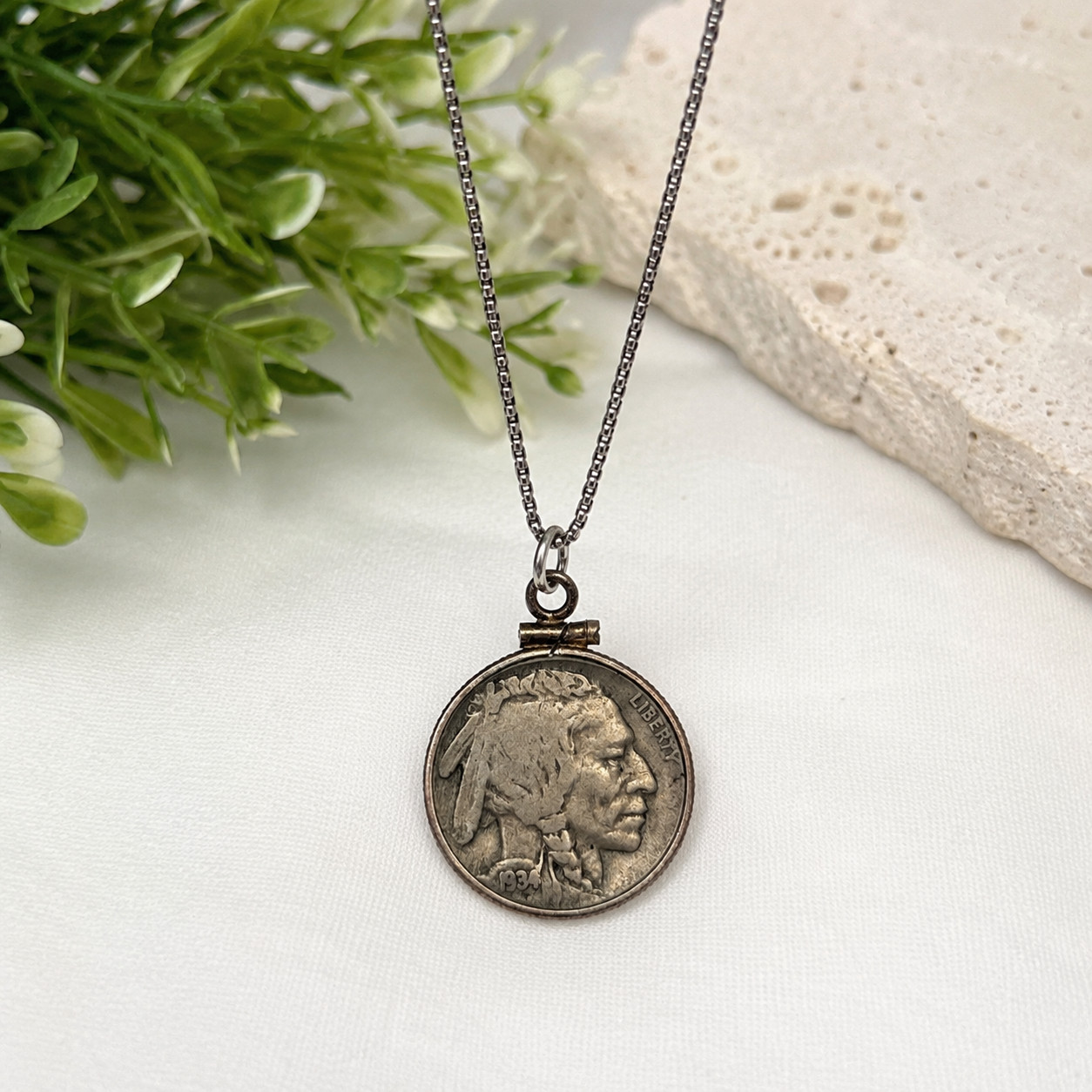 925 Italy Sterling Silver Chain 1934 Buffalo Nickel Coin Pendant Necklace 18″