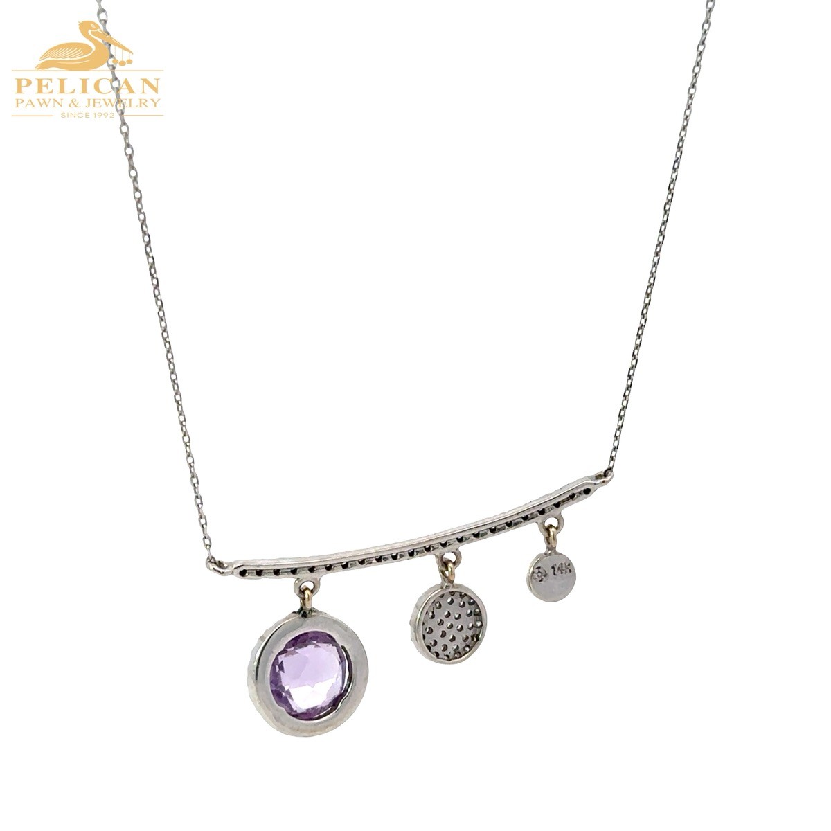 14KT White Gold Diamond Amethyst Curved Bar Dangle Drop Halo Necklac (PBR120194)