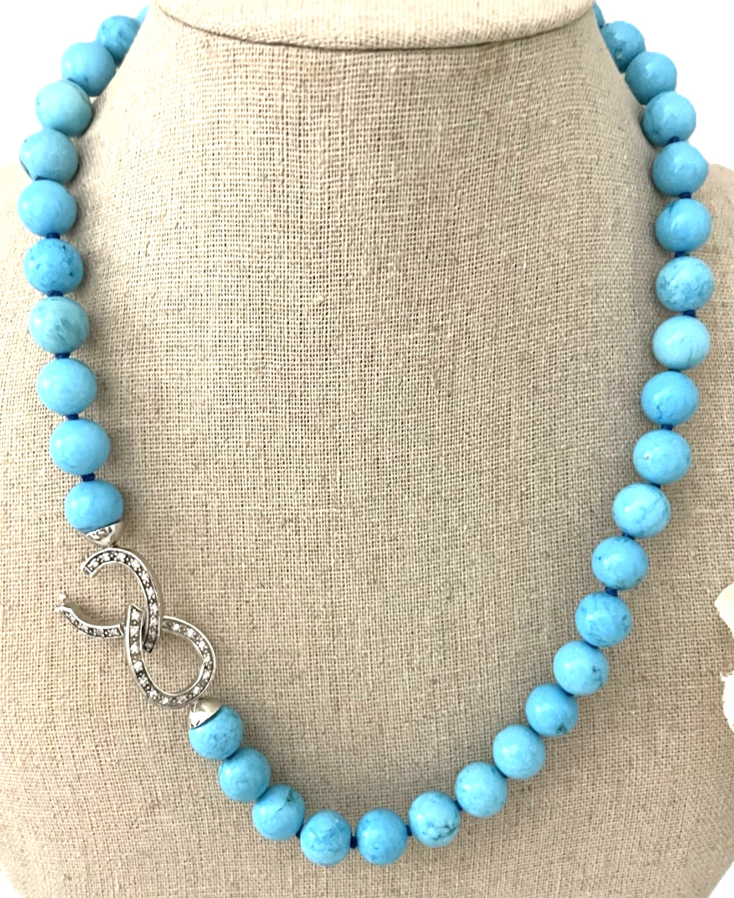10-10.5MM TURQUOISE NECKLACE W/STERLING SILVER CLASP & PAVE CZ
