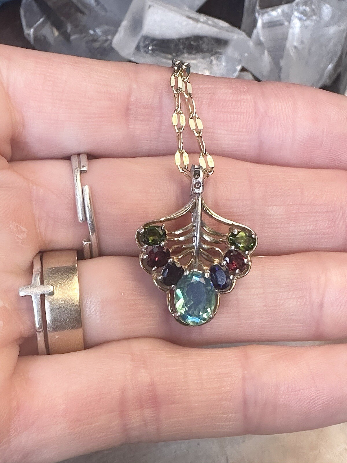 Peacock Quartz Amethyst Garnet Peridot Vermeil Gold 925 Silver Necklace 18 In