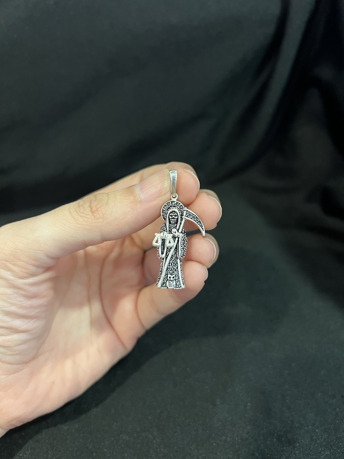 925 Sterling Silver Mens Womens Small Stones Santa Muerte Grim Reaper Pendant