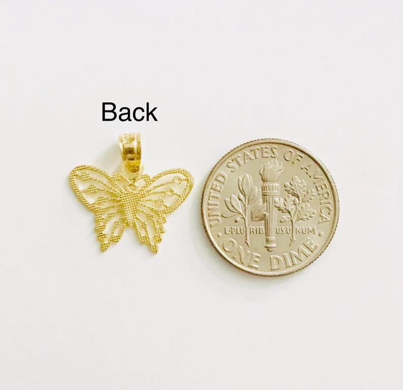14k Solid Gold Diamond Cut Butterfly Charm Small 16mm Pendant – PT1749