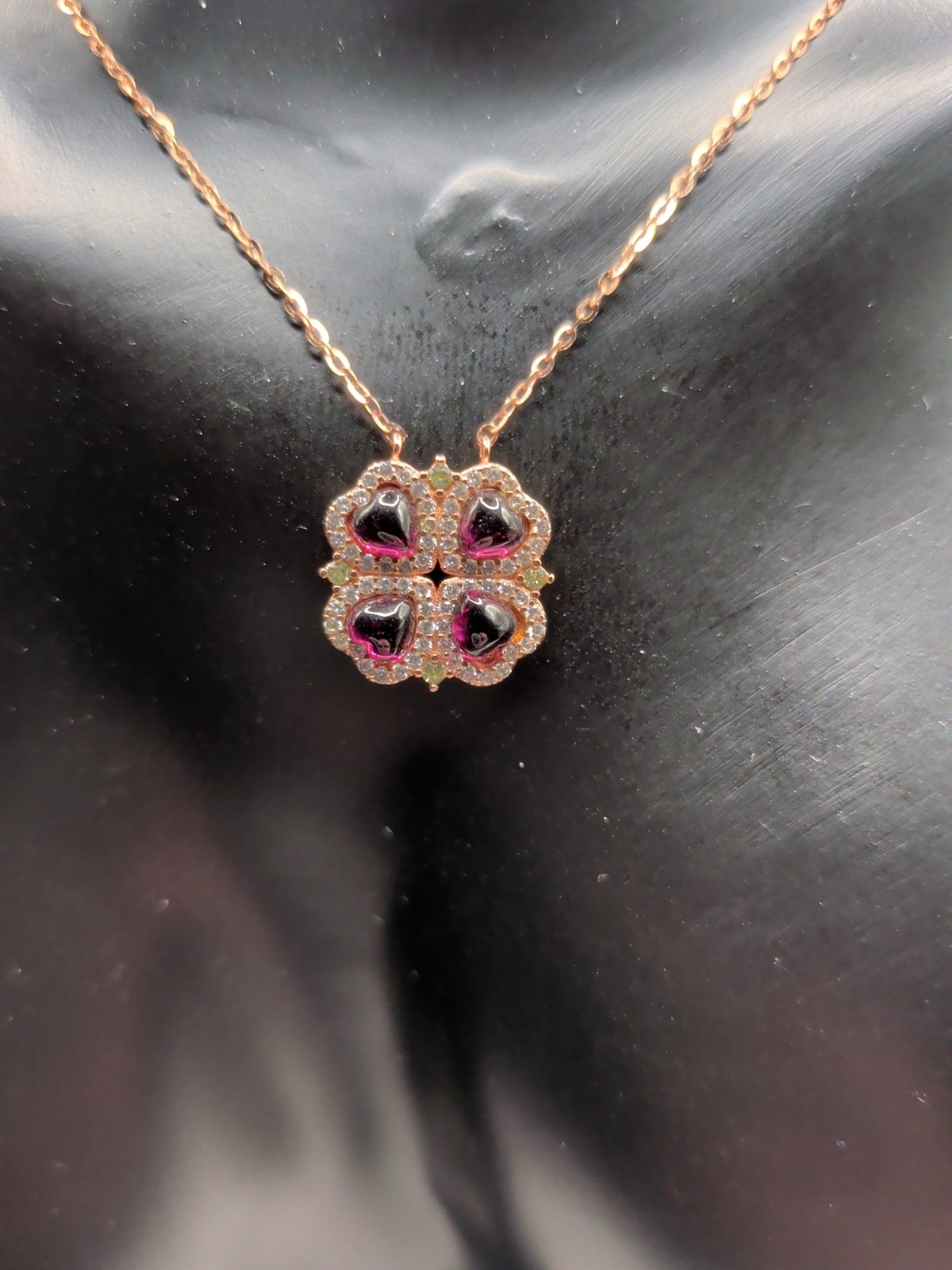 Clover Shaped Natural Garnet Sterling Silver Pendant With Rose Gold Plating And