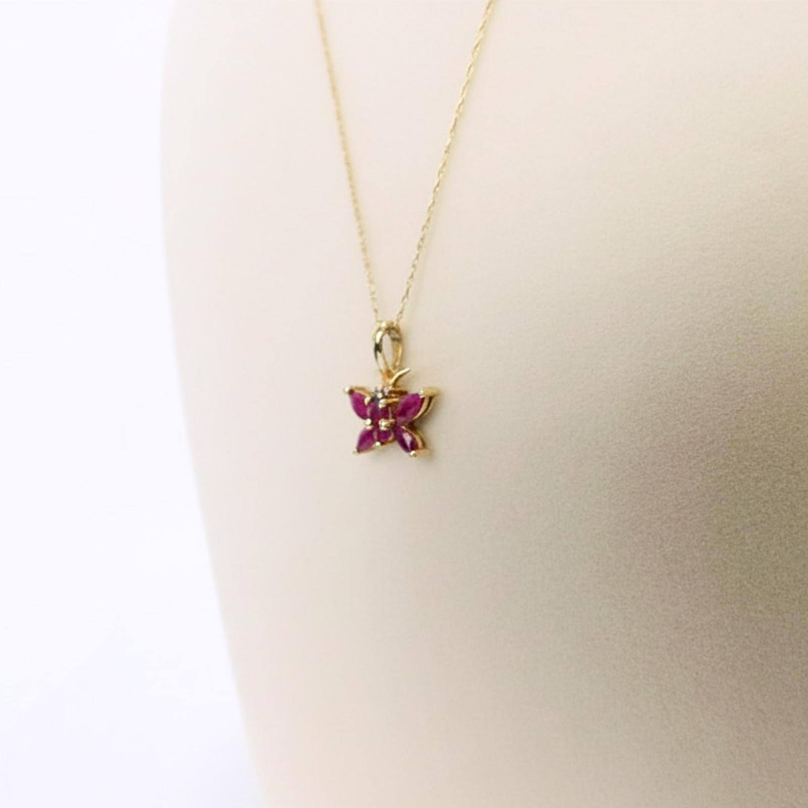 Vintage Ruby and Diamond 10k Gold Butterfly Necklace, July Birthday, Petite, 90s