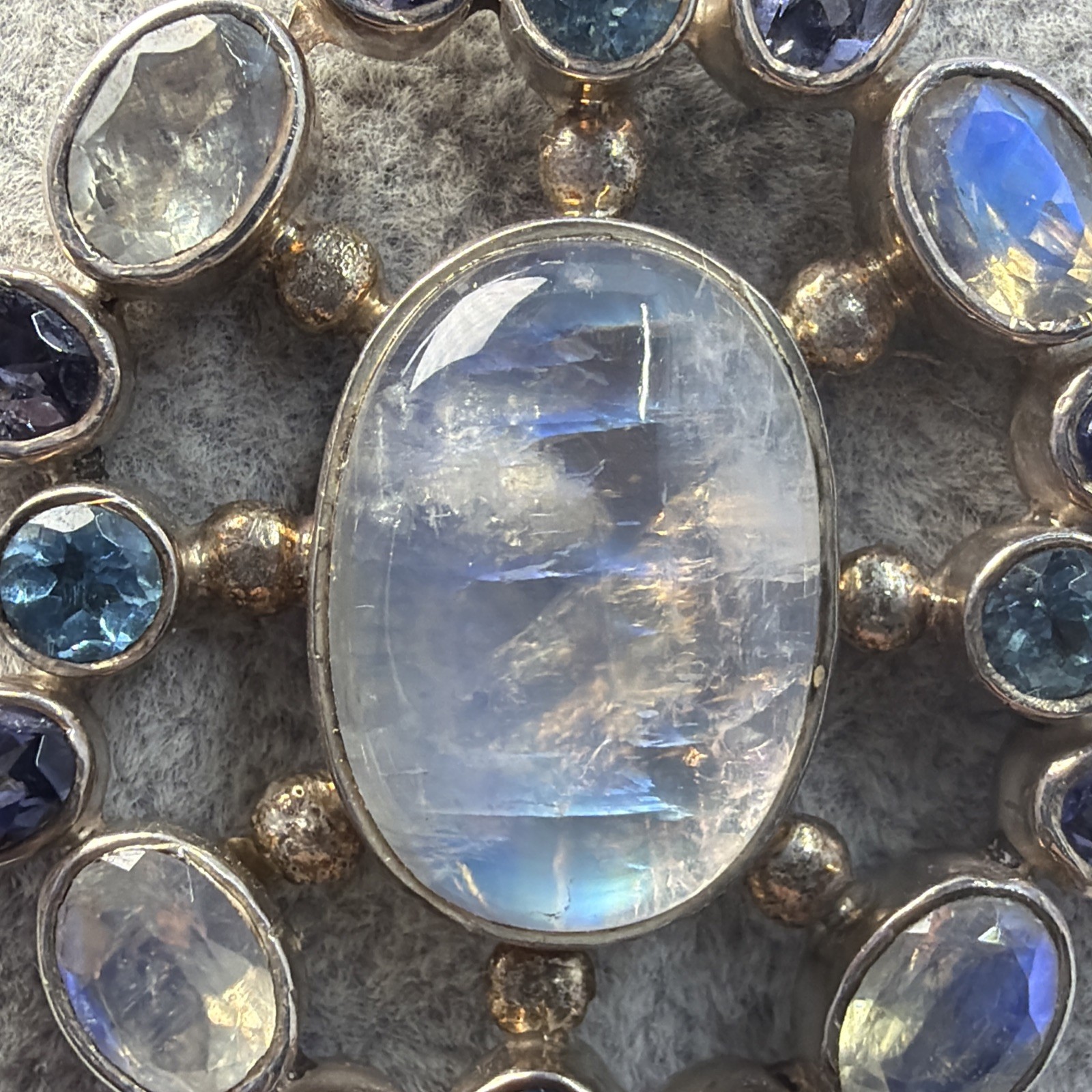 Sterling Silver SJ 925 Moonstone Amethyst Topaz Multi Gem Large Pendant Unique