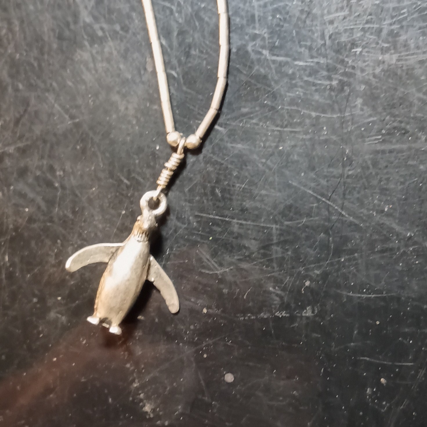 925 Liquid Silver Penguin Charm Pendant Necklace with Blue Turquoise Beads,