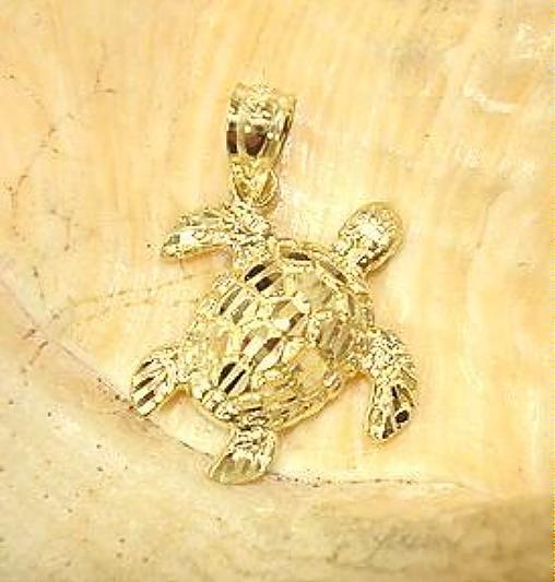 16MM SOLID 14K YELLOW GOLD SPARKLY DIAMOND CUT DC HAWAIIAN TURTLE PENDANT SML