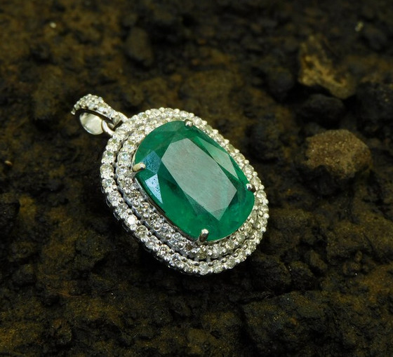 Features Lab-Created 10.01CT Green Emerald & White Diamonds Double Halo Pendant