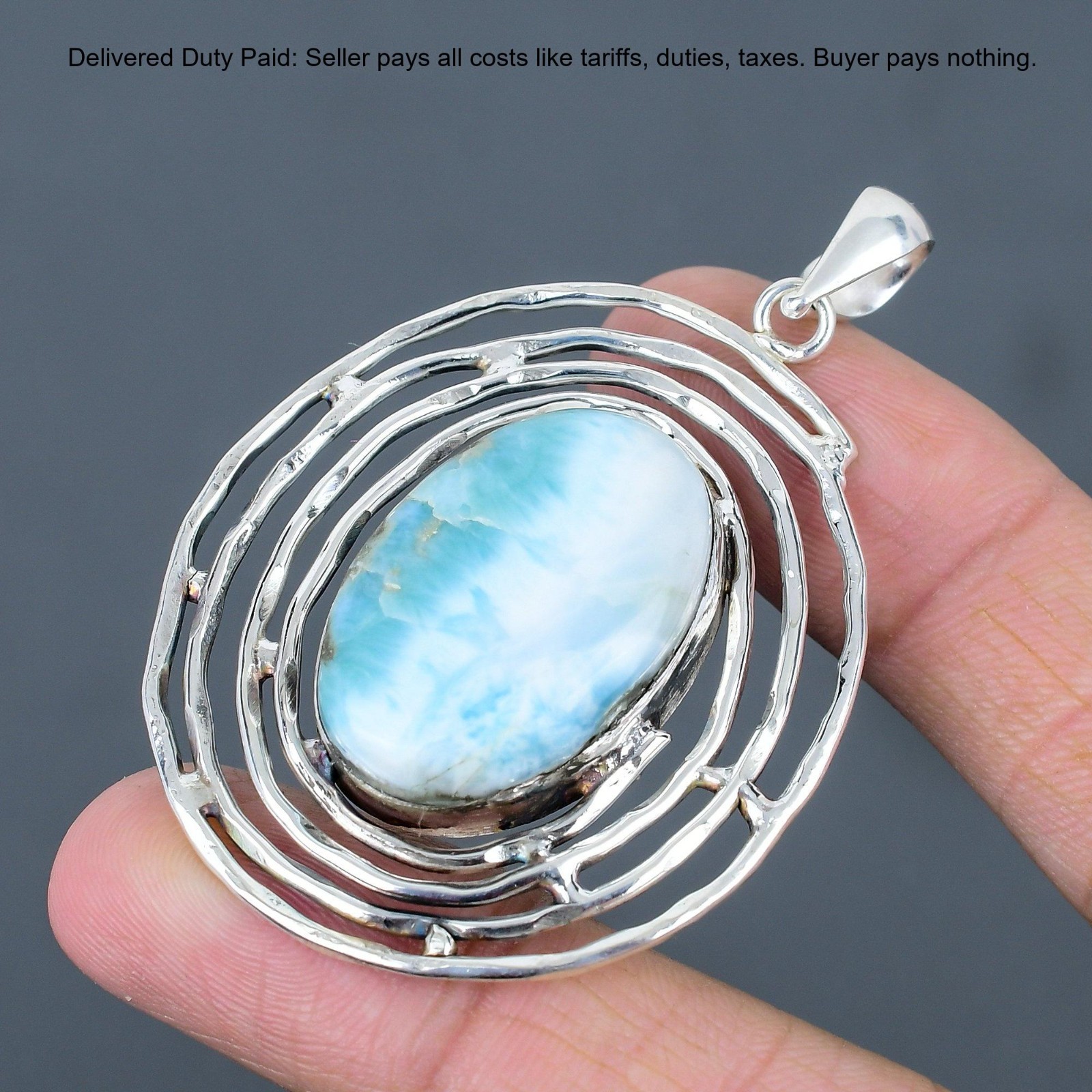 925 Sterling Silver Oval Larimar Gemstone Throat Chakra Birthday Sister Pendant