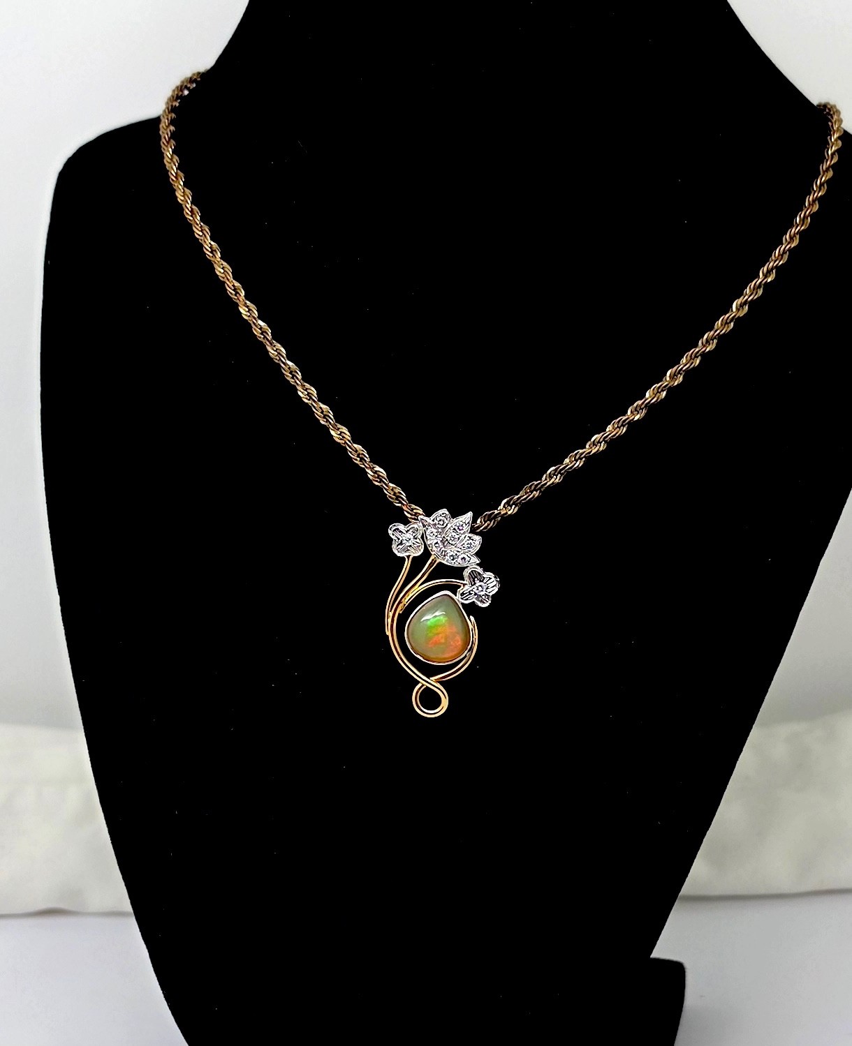 VINTAGE 14K WHITE/YELLOW GOLD OPAL & DIAMONDS SLIDE PENDANT,1 3/8″