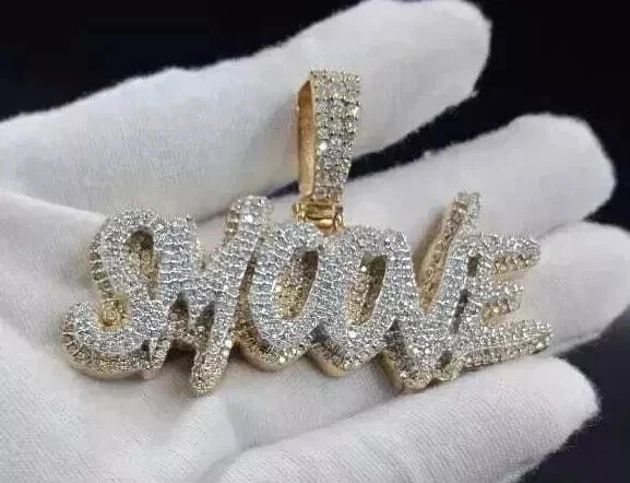 3.Ct Round Cut Real Moissanite Custom Name Pendant 14K Yellow Gold Plated Silver